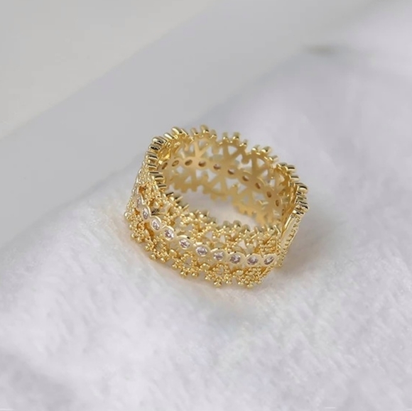 NEW CZ Hollow Wide Band Gold Plated Statement Open Adjustable Ring - Picture 6 of 7